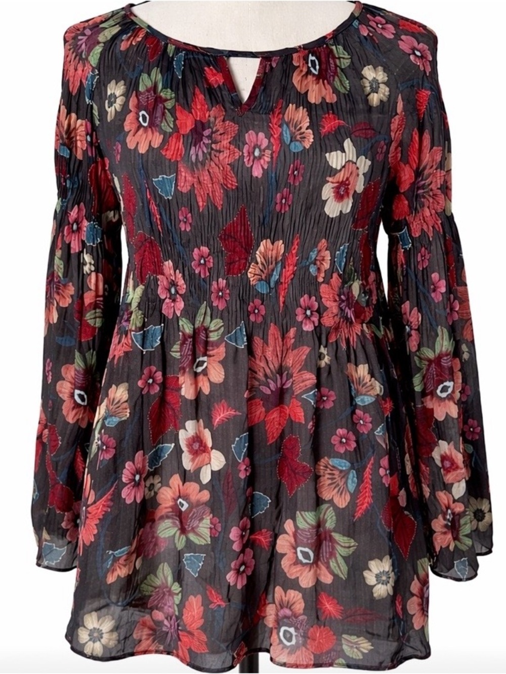 Cottagecore Floral Multicolor Shirred Peasant Top Medium Bohemian Blouse Fairy